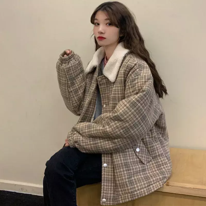Mantel pendek parka wanita, Retro kerah lipat kotak-kotak Vintage Korea Chic kasual hangat musim dingin elegan pakaian wanita mantel ramping