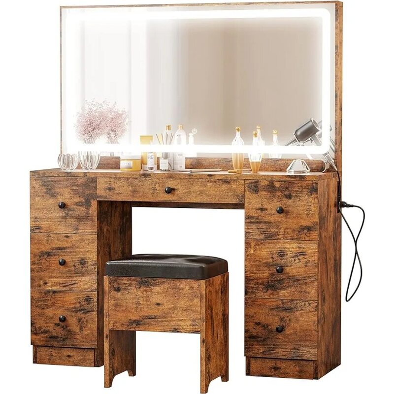 Juego de tocador de escritorio con espejo iluminado LED grande y toma de corriente, cajonera de madera para dormitorio, peinado, mesa de maquillaje, cajón