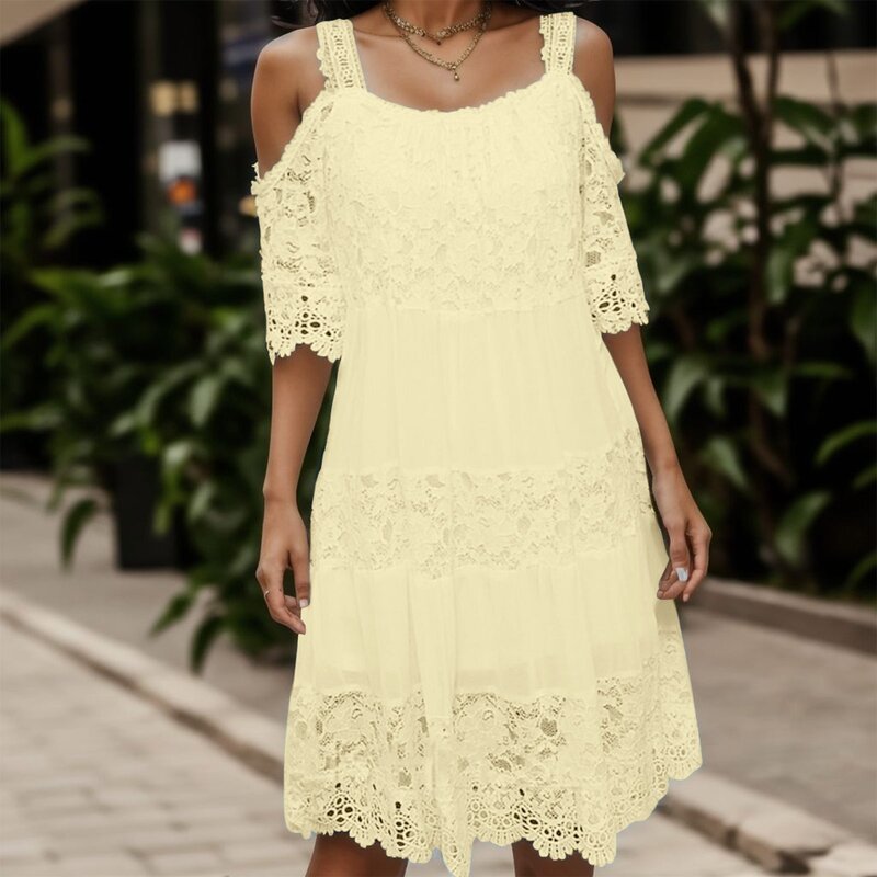 Women's Casual Dress Smooth Lace Dress Strap Lace Cut Out Midi Dress Surplice Dress for Women Skater Dress for Women Summer