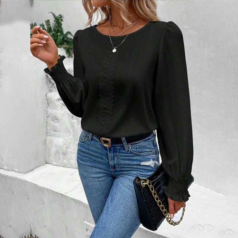 Women Elastic Cuffs Top Elegant Lace Patchwork Blouse Stylish Women's Ol Commute Top with Soft Loose Fit Elastic Cuff Lady