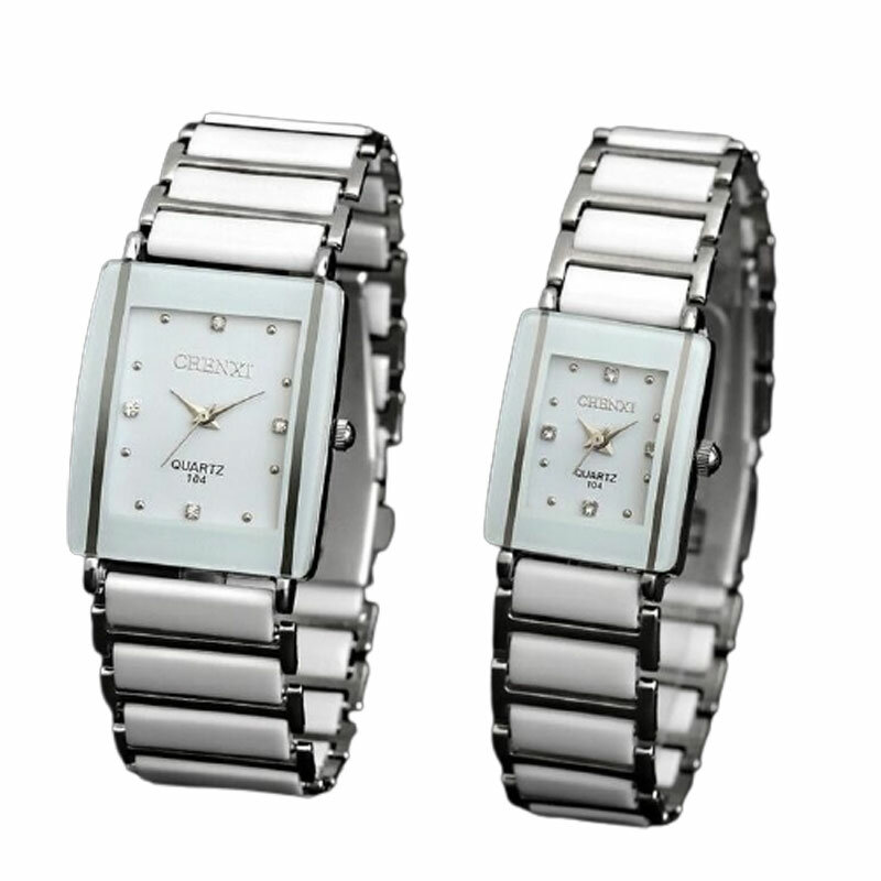 Jam tangan persegi panjang wanita modis jam tangan keramik simulasi putih jam tangan kuarsa kasual pria wanita jam tangan pasangan jam tangan unik