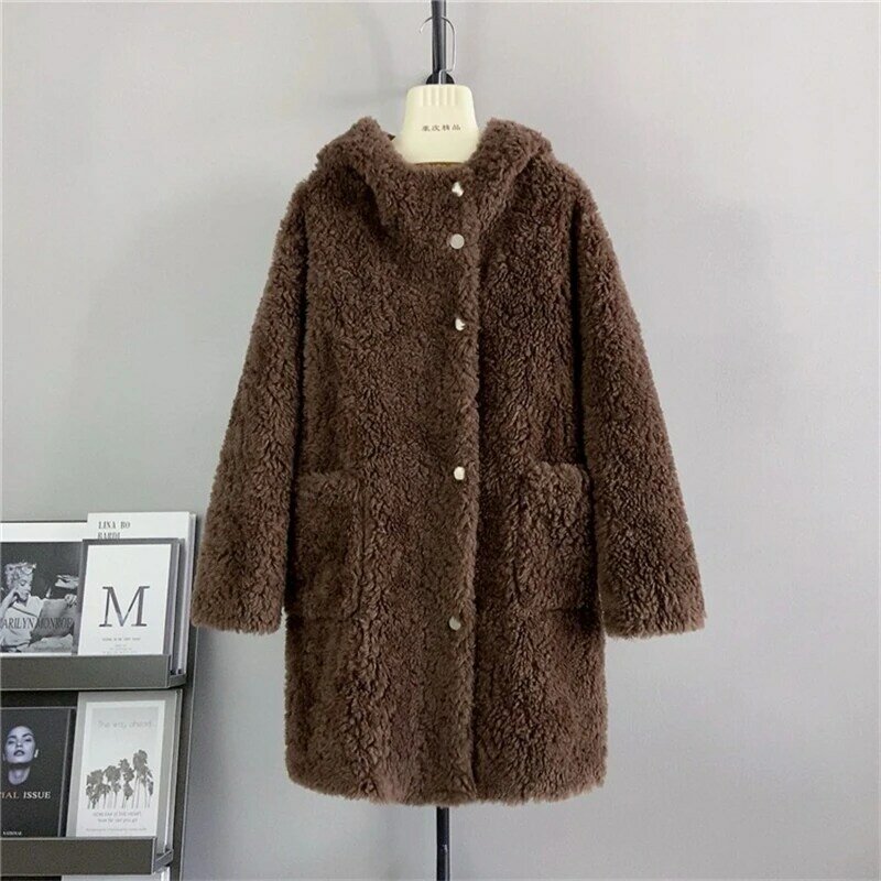 PT427 autunno e inverno nuovi bottoni ricoperti giacca di pelliccia di Shearling di pecora cappotto caldo addensato sciolto con cappuccio femminile