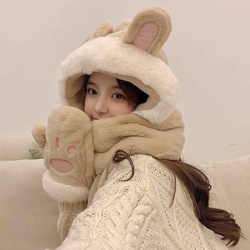 Зимняя теплая шапка шарф перчатки Комплект Удобная плюшевая шапка с милым кроликом без козырька шапки Теплый шарф повседневная одежда