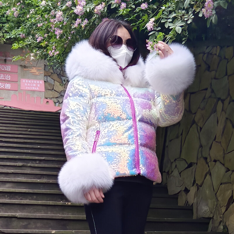2023 nova jaqueta bordada lantejoulas oversized fox fur collar inverno espesso casaco curto com capuz quente das mulheres