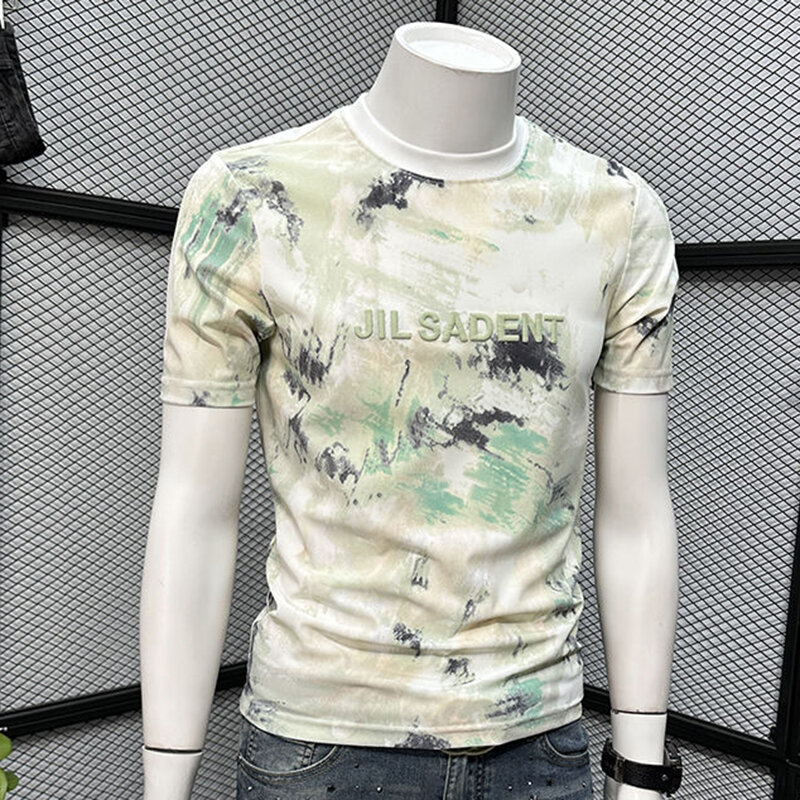 Fashion Loose Letter Embroidery Tie Dye T-Shirt Men's Clothing 2024 Spring Summer New Casual Pullovers Tops All-match Tee Shirt