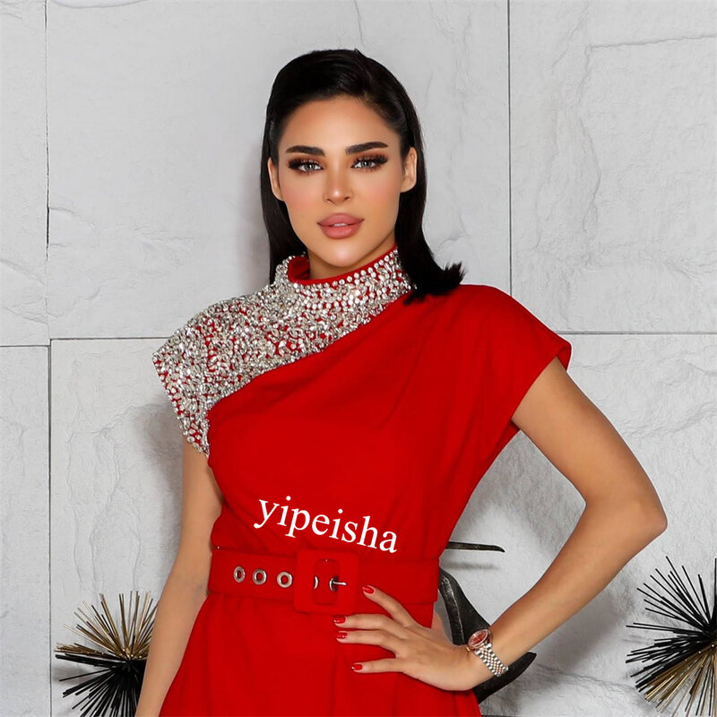 Jersey Schärpen Valentinstag A-Linie hoher Kragen maßge schneiderte Anlass Kleid Midi Kleider Saudi-Arabien es