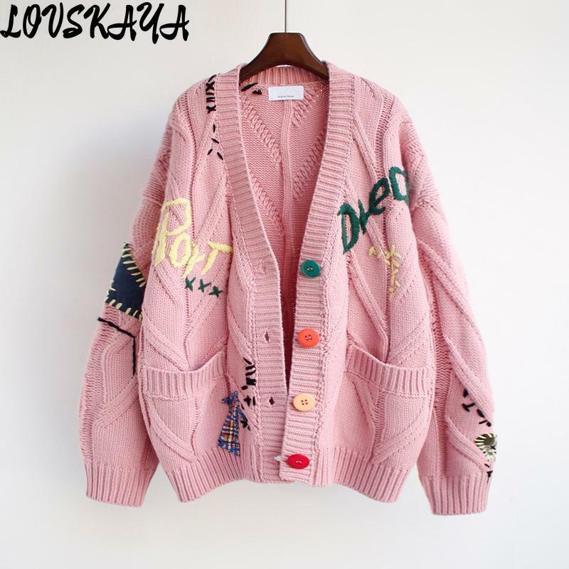 New letter design feeling loose knit sweater jacket trendy and lazy style embroidered sweater for women in autumn and winter