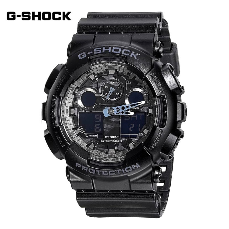 G-SHOCK GA100 jam tangan multifungsi pria, arloji olahraga luar ruangan tahan guncangan dengan Dial LED tampilan ganda casing Resin Quartz