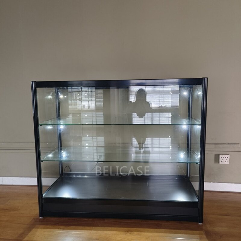 Custom, smoke shop lockable tempered glass display aluminum show displays with LED lights for Smoke Shop