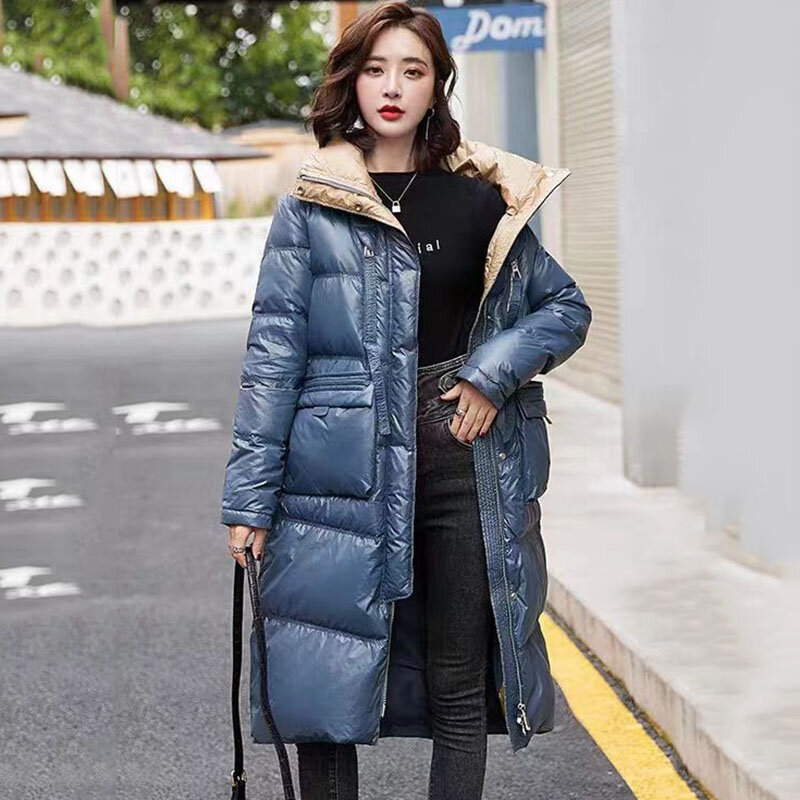 Новинка женский цветной пуховик с двойным воротником-стойкой зимнее теплое пальто женское корейское длинное пальто 90% с белым гусиным пухом
