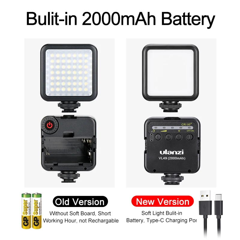 Ulanzi-VL49 Mini luz de preenchimento LED branco, VL49, 2000mAh, iluminação Zoom 5500K, vídeo, telefone, selfie, lâmpadas de preenchimento, 6W