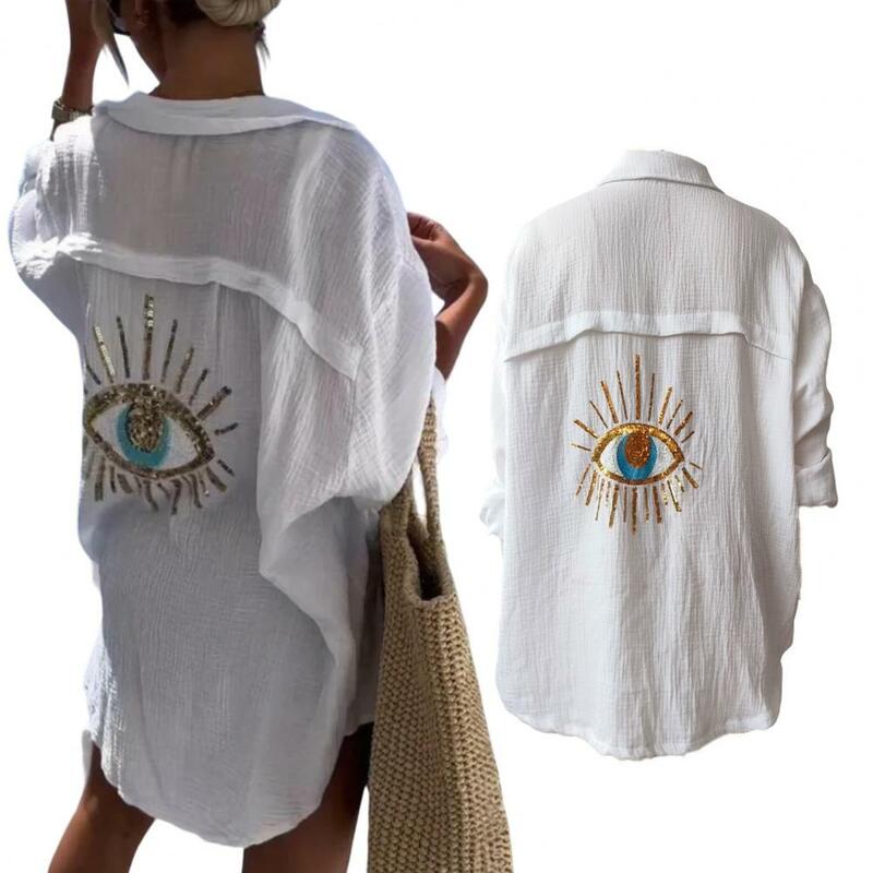 Sequined Embroidery Shirt Sequined Eye Decor Shirt Coat for Women Spring Summer Lapel Outwear with Long Sleeve Loose Fit