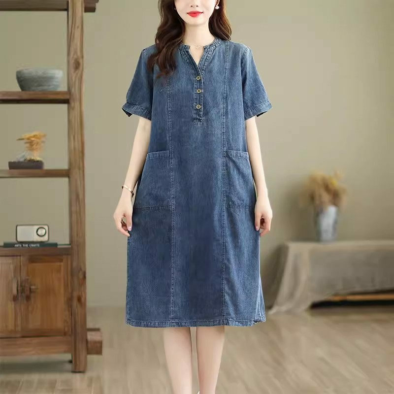 Denim Shirt Dress For Women 2024 Summer Short Sleeve Vintage Casual And Loose Fitting French Jeans Dress K972