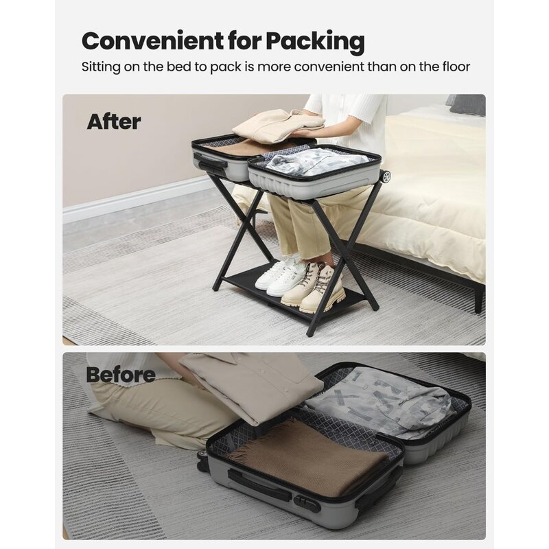 Porta-bagagens de aço dobrável, suporte de bagagem para o quarto de hóspedes, porta-malas dobráveis com prateleira de armazenamento