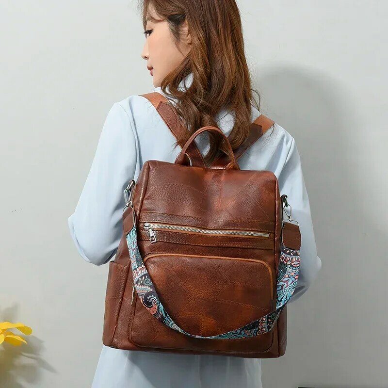 Solid Backpack 2024 Fashion Women's Designer Retro PU Commuter Bag Retro Small Women's Schoolbag Multifunctional Shoulder Bag