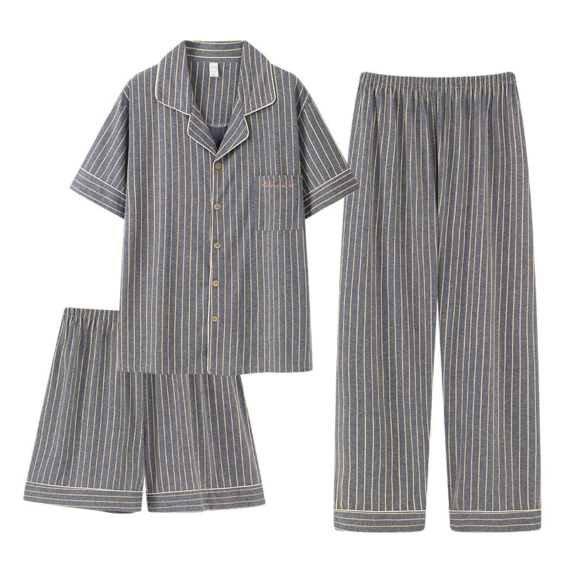 3PCS/Set Male Nightwear Suit Summer Generous Leisure Short Sleeve Pajamas Striped Homewear Men Big Yards4XL Cotton Pijama Hombre