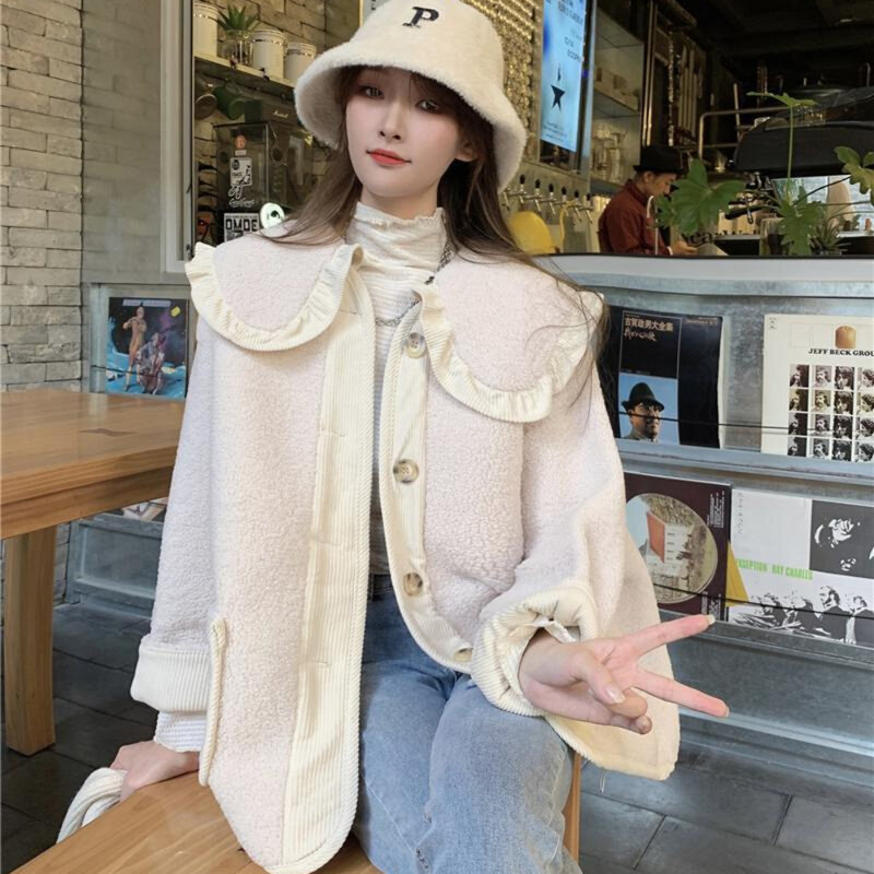 Parka estilo preppy mais grosso feminino com bolsos, colarinho Peter Pan, casaco de lã de cordeiro, casual, doce, adorável, Harajuku, Y2k, Plus