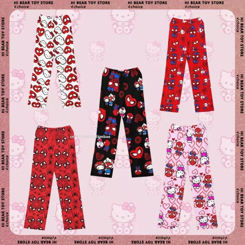Miniso-Hello Kitty بنطلون بيجامة قطني للرجال والنساء ، ملابس نوم سبايدرمان ، بنطلون فضفاض ، بنطلون نسائي ، ربيع وصيف
