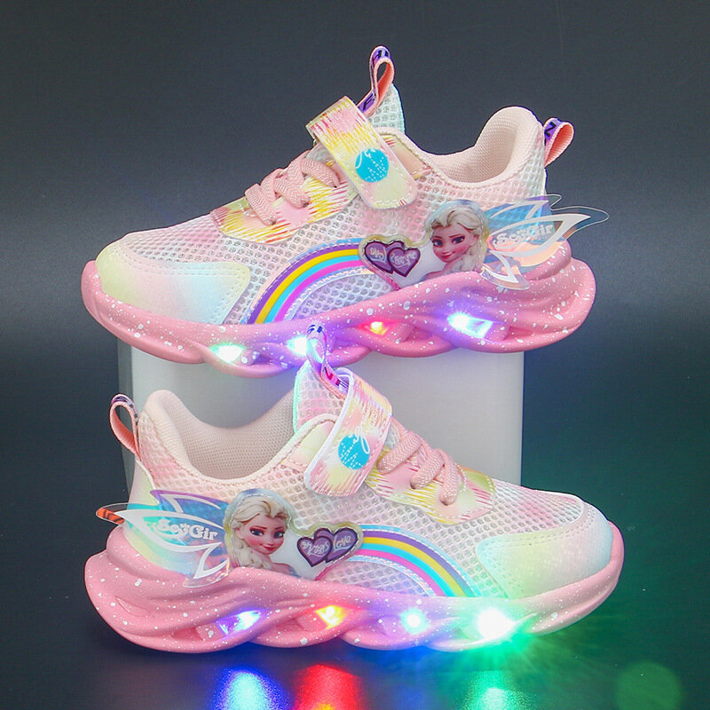 Scarpe da ragazza Disney luci a LED Mesh scarpe sportive per bambini traspiranti congelate Elsa Princess rosa viola scarpe in pelle PU taglia 22