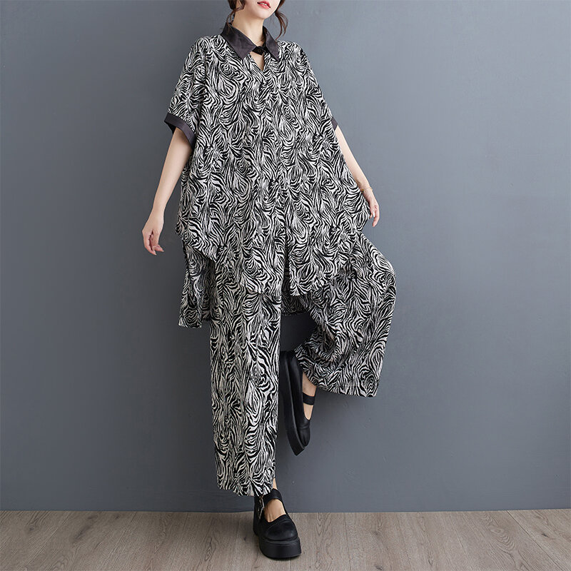 Blusa holgada de cintura alta para mujer, conjunto de 2 piezas, pantalones de pierna ancha, informal, verano, novedad de 2024