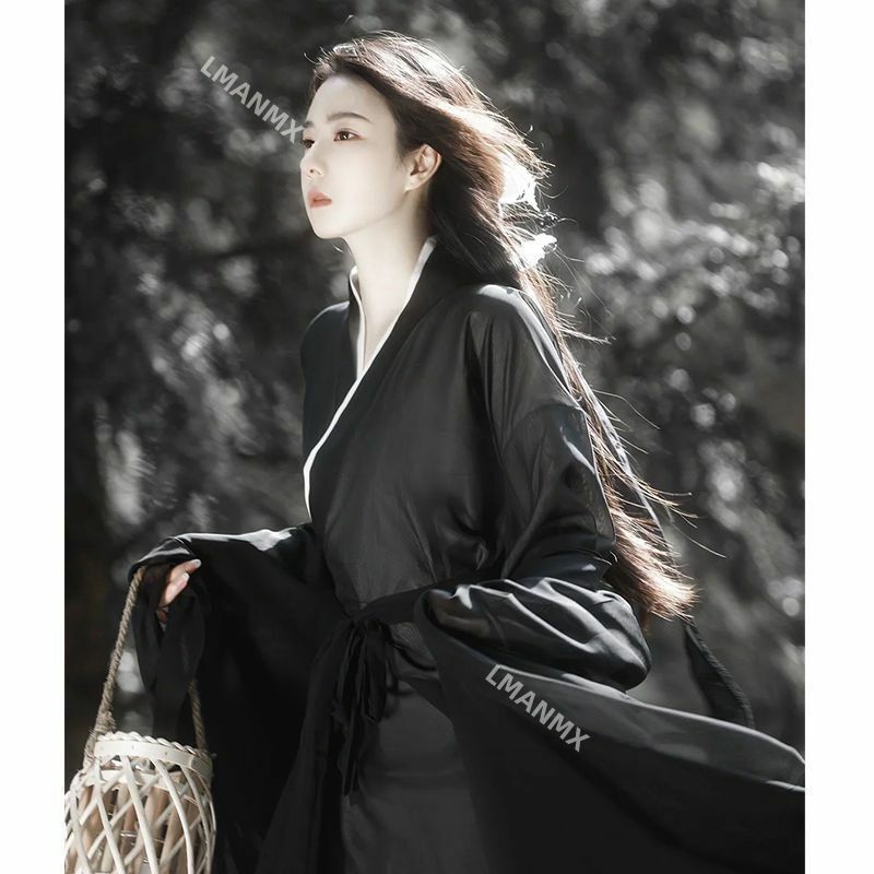 Vestido tradicional Hanfu para mujer, conjunto negro chino, disfraz de Halloween, traje de fiesta de verano, talla grande XL