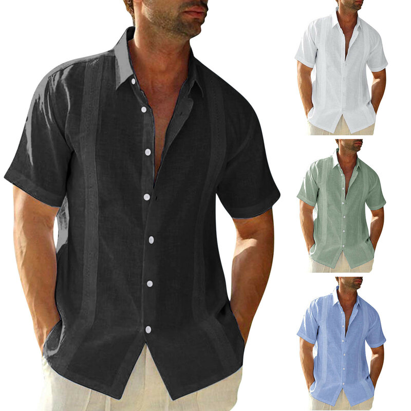 Desain Fashion Baru Kaus Solid Tepi Sulaman Linen Katun Kasual Ukuran Plus Pria Kemeja Kerah Lipat Lengan Pendek untuk Pria