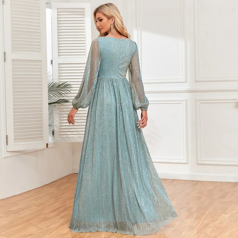 New women's bright and sparkling pleated elastic perspective long sleeved V-neck A large swing skirt with full lining elegant ev