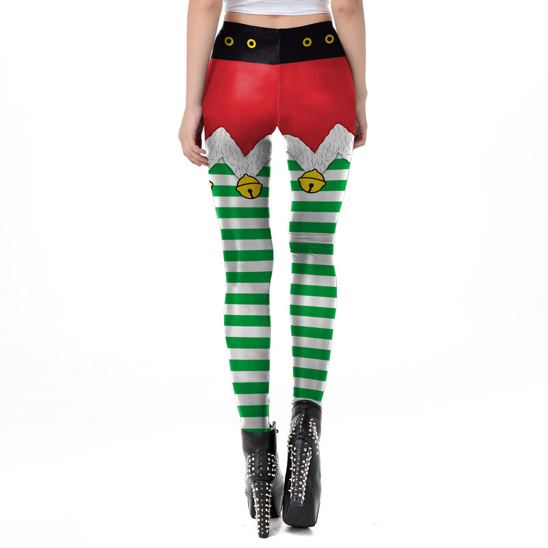 Nadanbao Christmas Funny Holiday Party Pants Women Green Stripe Printing Leggings Female Mid Waist Elastic Tights Trousers