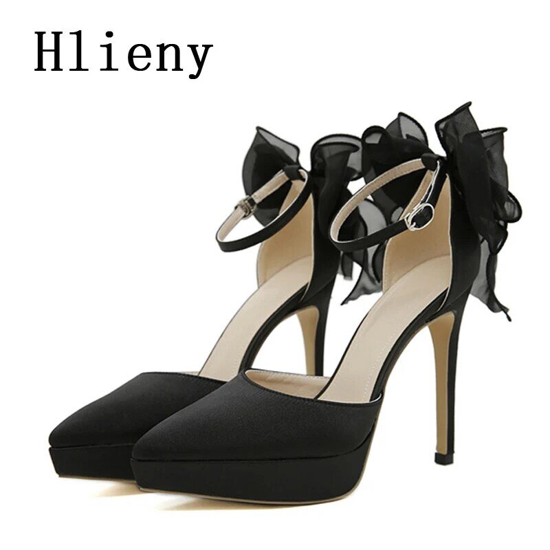 Hlieny New Fashion Pointed Toe Pumps Sexy Sandals Satin Butterfly-knot Buckle Strap Women Stiletto High Heels Banquet Party Shoe