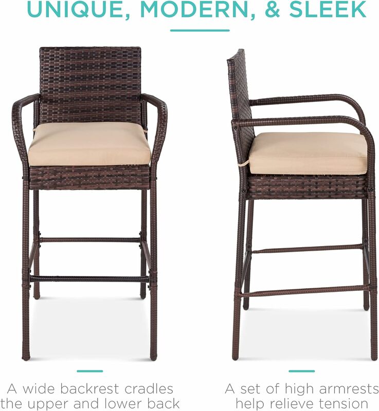 Набор из 2 плетеных барных стульев, высокие стулья с подушкой для дома и улицы, подлокотники для двора, внутреннего дворика, бассейна, сада