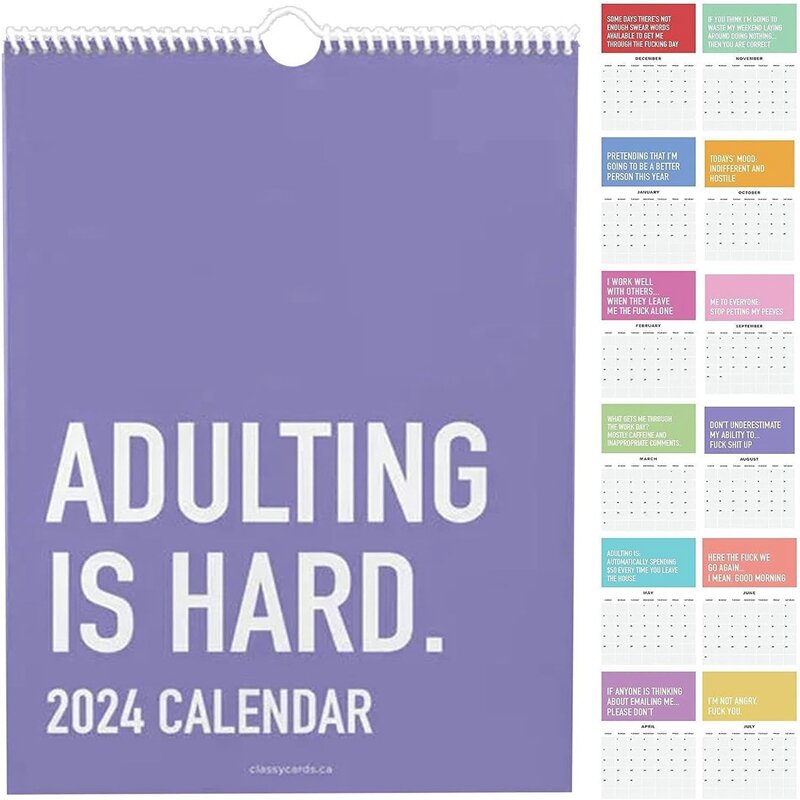 ADULTING jest trudny 2024 kalendarza 12-miesięczny harmonogram kalendarz papierowy 2024 piękny kupon zabawny prezent do domu 20X30Cm