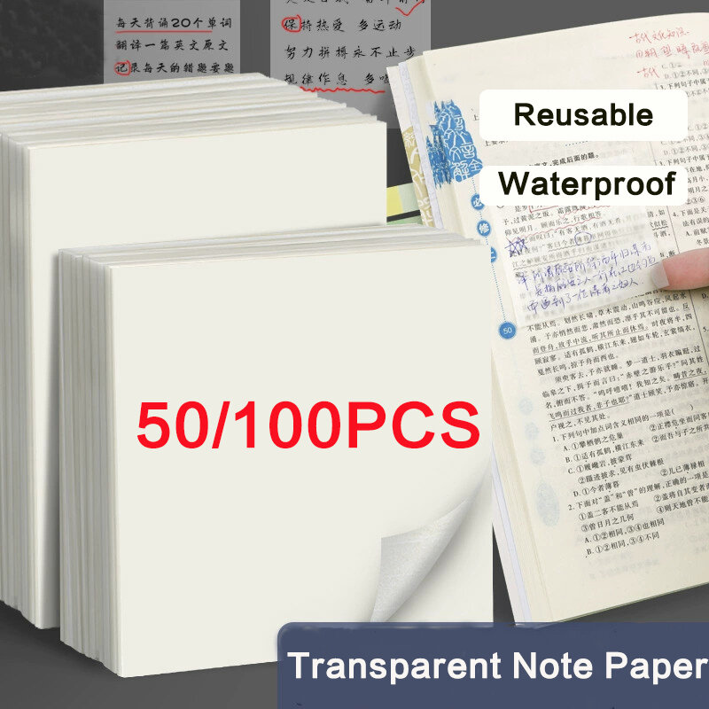 Notas pegajosas transparentes reutilizáveis, Papel de nota impermeável, Escola Escritório Papelaria, Marcador de marcadores, 50 Folhas, 100 Folhas