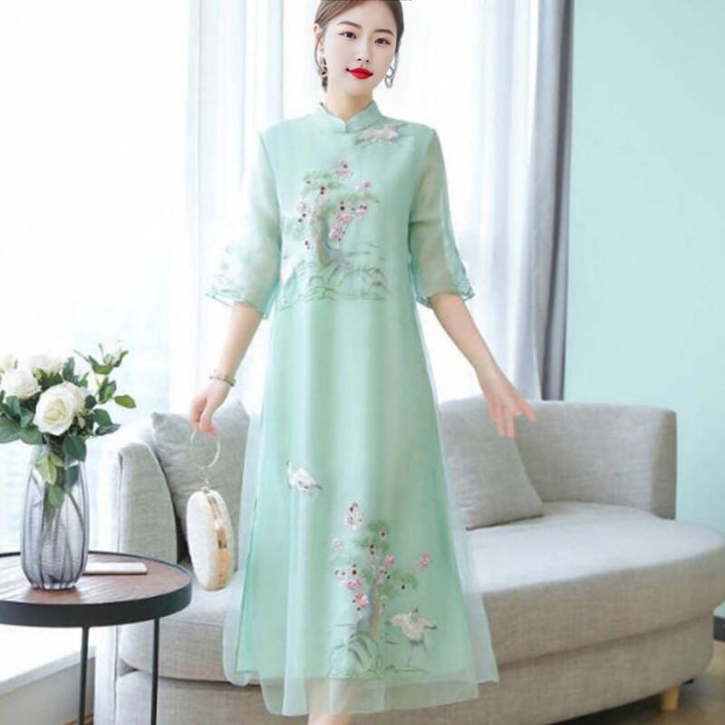 Formal Banquet Cheongsam Chinese Retro Style Ethnic Embroidered Qipao Dress Elegant Double-layered Midi for Party Banquet Formal
