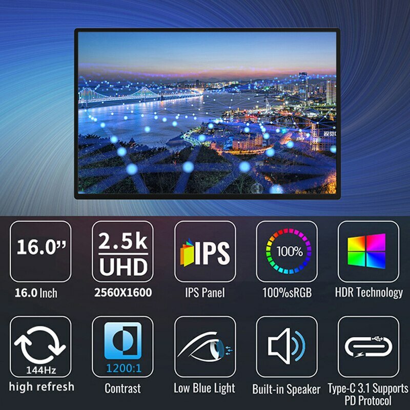 Bimawen-Monitor portátil de 16 pulgadas, 2,5 K, 144Hz, 2560x1600, 100, Adobe SRGB, pantalla de juego para ordenador portátil, Mac, teléfono, Xbox, PS4/5 Switch