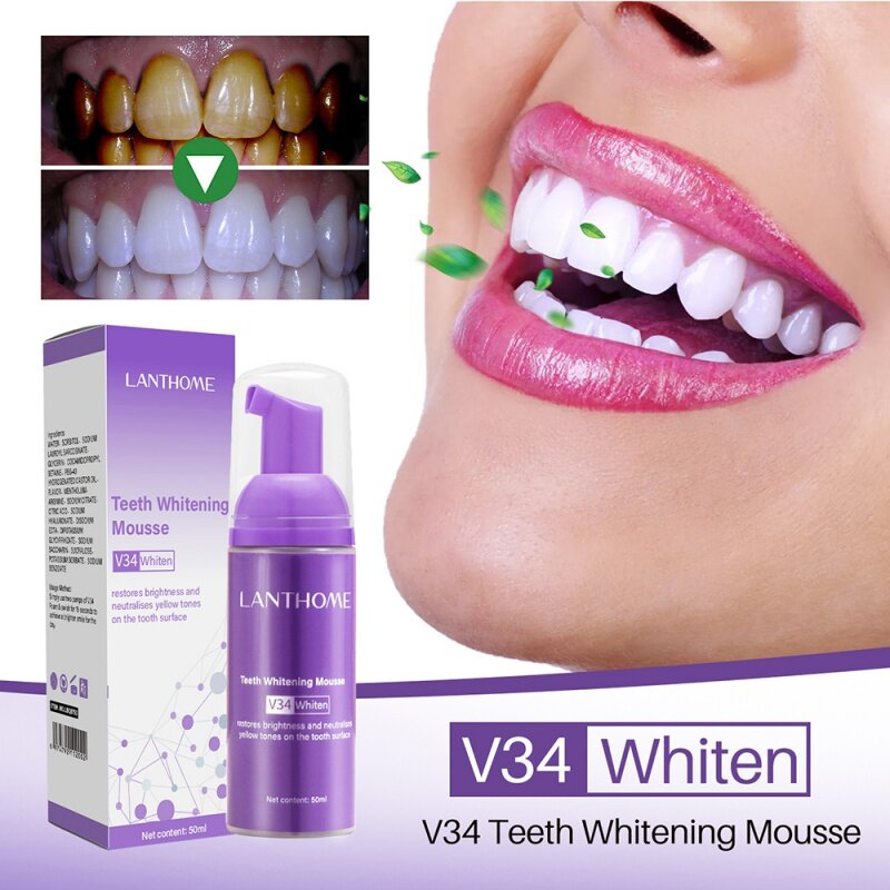 Creme dental Mousse V34 para limpeza oral, Creme dental clareador, Amarelo Removendo Manchas Dentes, Higiene Oral, 50ml, 2023, Novo
