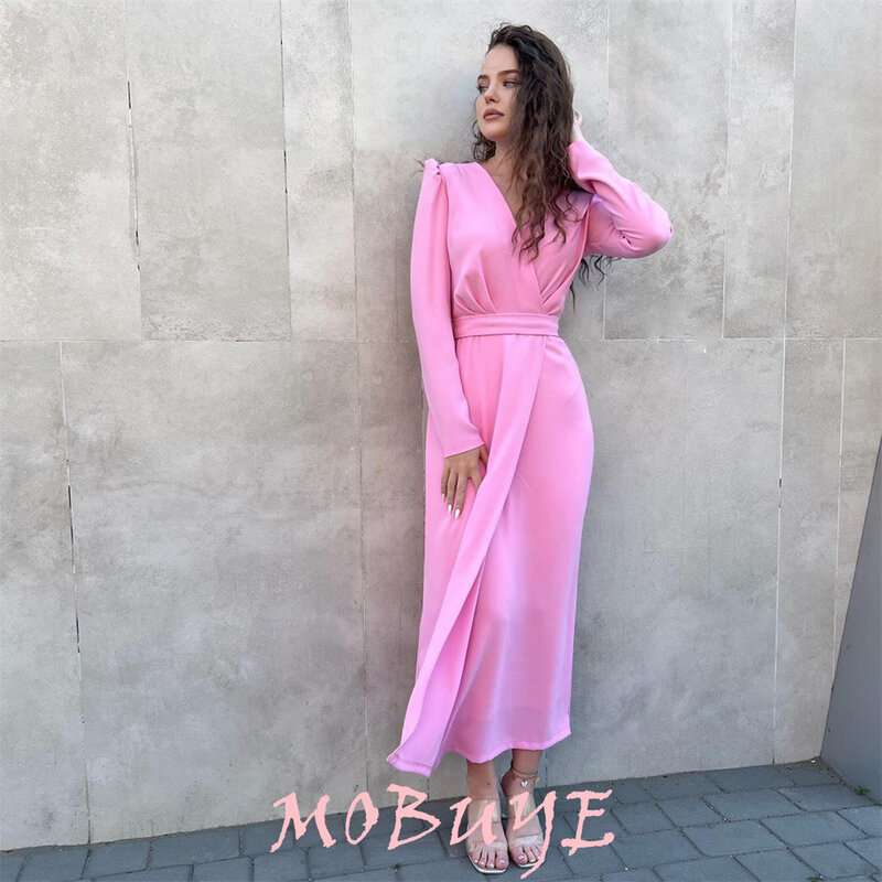 MOBUYE 2024 Popular V Neck Prom Dress Ankle-Length With Long Sleeves Evening Fashion Elegant Party Dress For Women