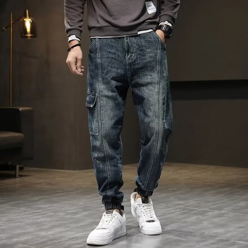 Men Pants Elastic Waistband Jeans Shrinkable Cuffs Casual Jeans Multi Pockets Hip Hop Denim Jogging Pants Streetwear