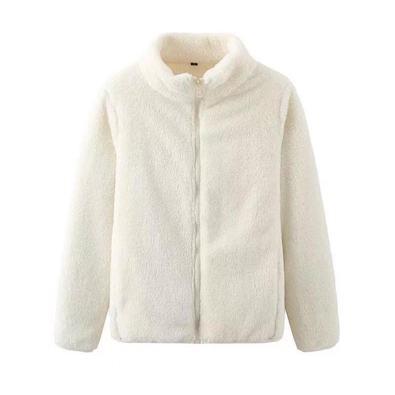 Abrigo grueso de lana de Coral para mujer, chaqueta con cierre de cremallera, cuello alto, protección del cuello, invierno y otoño