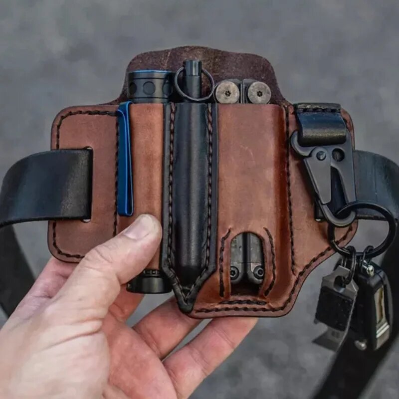 Cinturón de herramientas tácticas Vintage múltiples, bolsa de cuero, bolsa de almacenamiento portátil, funda para acampar al aire libre, caza, bolsillo de cuero para la cintura