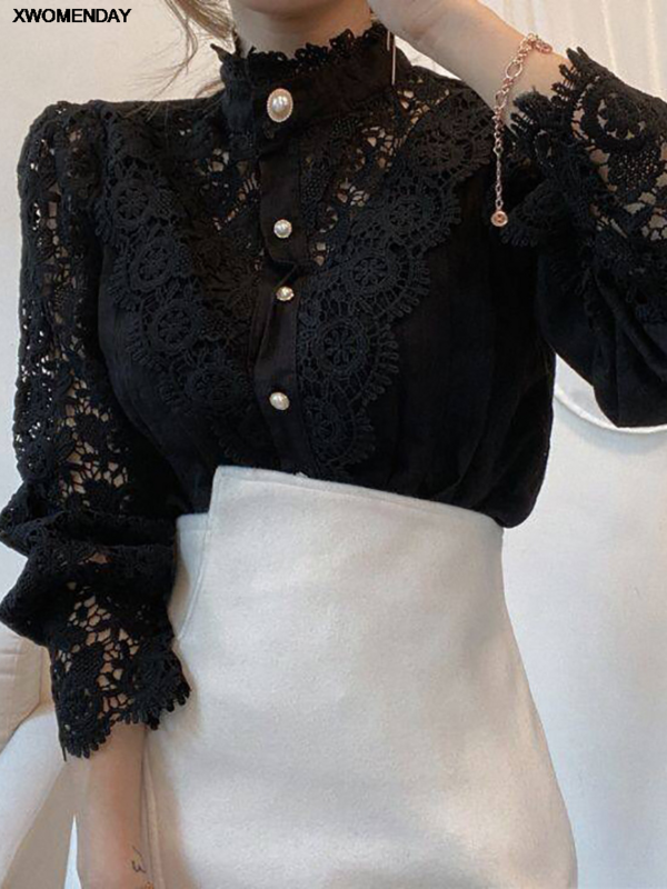 Damska szyfonowa koszula z golf chic eleganckie kwiecista koronka puszysty z długim rękawem moda z wycięciem Oversize biała bluzka 2024