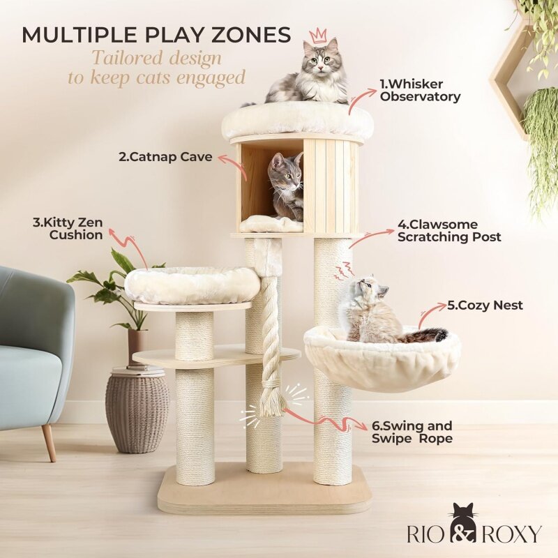 Heavy Duty Cat Tree Tower for Indoor Cats Large, Modern Tall Cat Tower with Scratching Post, Cute Cat Condo, Wood Cat Climbing T