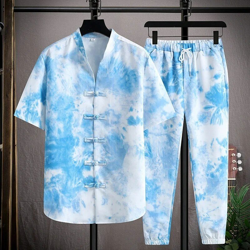 Camisa de manga corta para hombre, traje informal de dos piezas con cintura elástica, a la moda, para verano, M-5XL TZ09, 2023