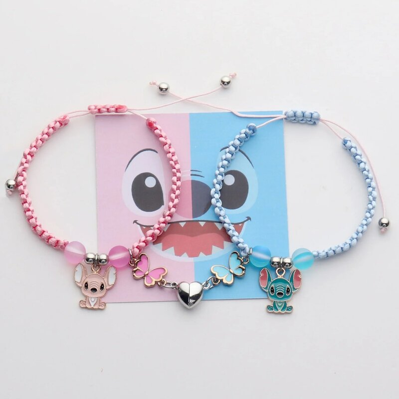 Disney Stitch Charms Bracelet Set Anime Cartoon Character Stich Kawaii Love Magnet Rope Chain Wristband Kids Toy Birthday Gift