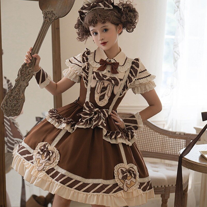 Vestido francés de encaje con volantes para mujer, dulce Chocolate, Lolita Jsk, lazo gótico victoriano, vestido de princesa