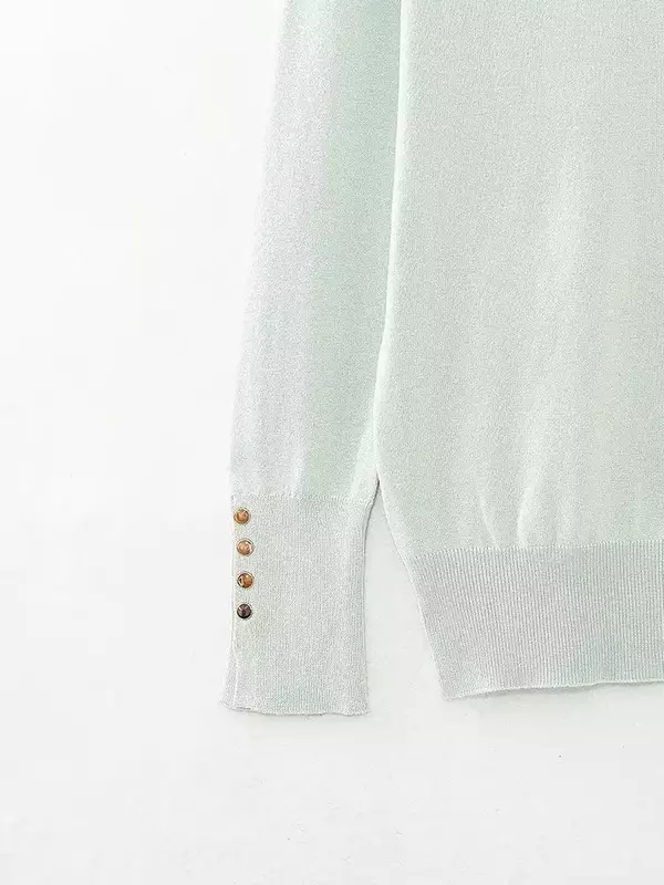 เสื้อสวมหัวแขนยาววินเทจสำหรับผู้หญิงเสื้อกันหนาวแบบถักพื้นตกแต่ง kancing Emas สไตล์เรียบง่ายแฟชั่นแบบใหม่ในฤดูใบไม้ร่วง