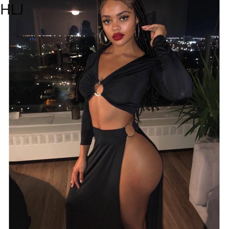 HLJ Black Sexy Solid Color High Side Slit Skirts Two Piece Sets Women Off Shoulder Long Sleeve Hollow Crop Top And Skirts Outfit