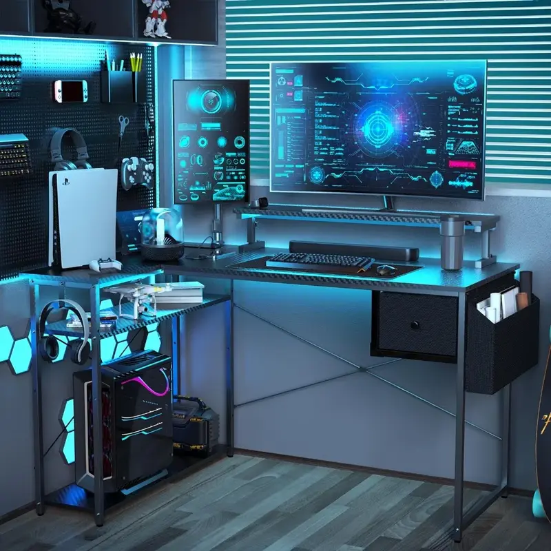 L Shaped Gaming Desk, mesa do computador com luzes LED, suporte ajustável, Power Outlets, gaveta de armazenamento, 47"