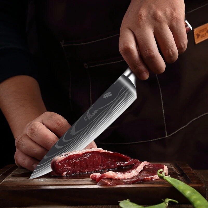 Cuchillo japonés Santoku 7Cr17Mov para Chef, juego de cuchillos de cocina con patrón láser de Damasco, para deshuesar carne, cuchilla con mango de resina roja