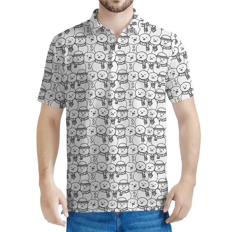 Рубашка-поло мужская с 3D-принтом снеговика, летняя уличная одежда с лацканами, топ с короткими рукавами, свободная футболка на пуговицах