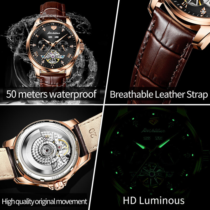 JSDUN luksusowe automatyczne zegarki mechaniczne dla biznesmenów chronograf Auto Date skórzany pasek wodoodporny świecący zegar 8926